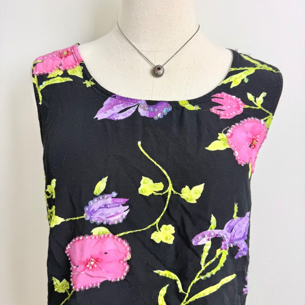 Key Lime Pie Womens M Black Floral Beaded Tank Top Y2K 90s Sleeveless Crop - Picture 3 of 9